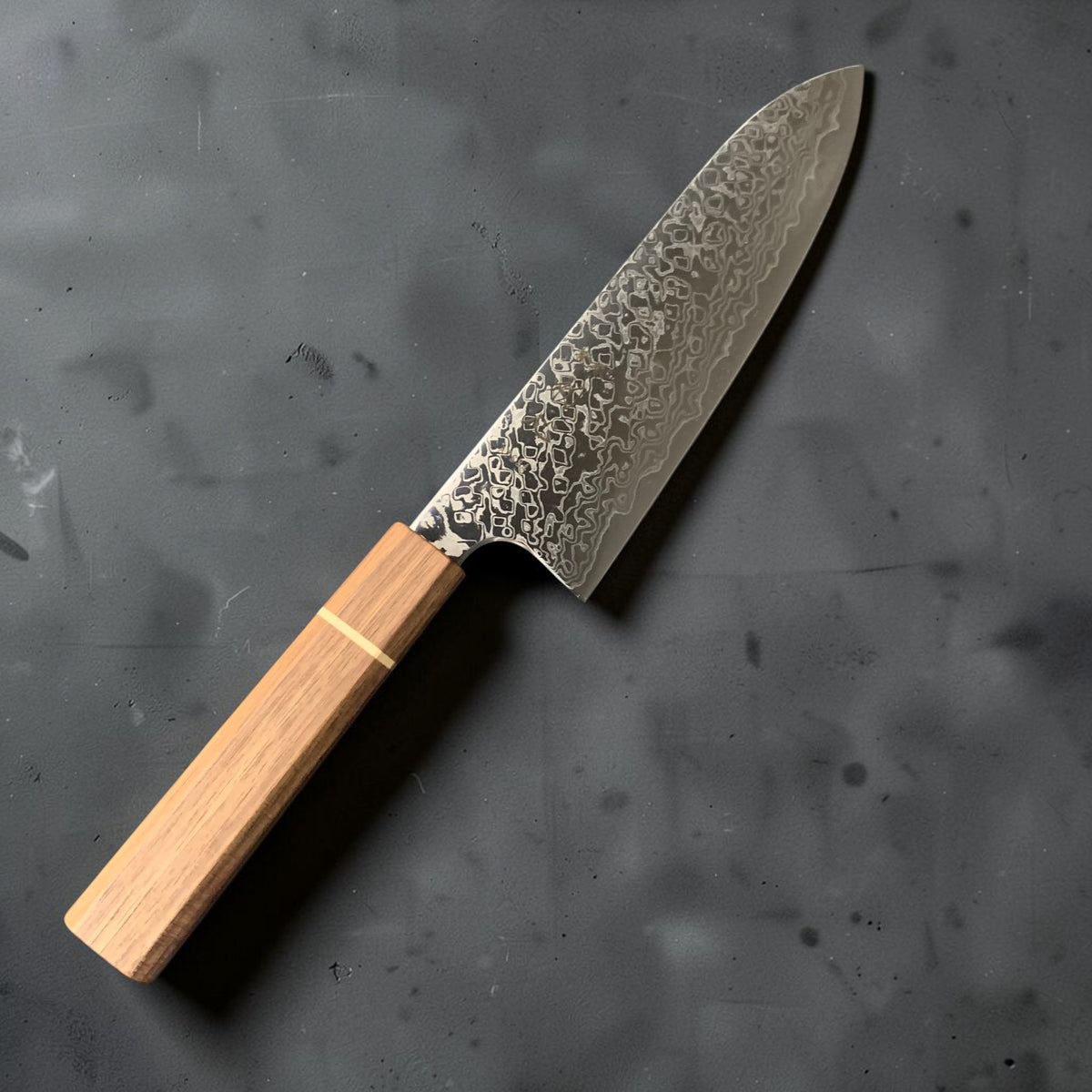 Hatsukokoro Ginga ATS34 Damascus 180mm santoku with fitted Sanjo wa handle, full side view