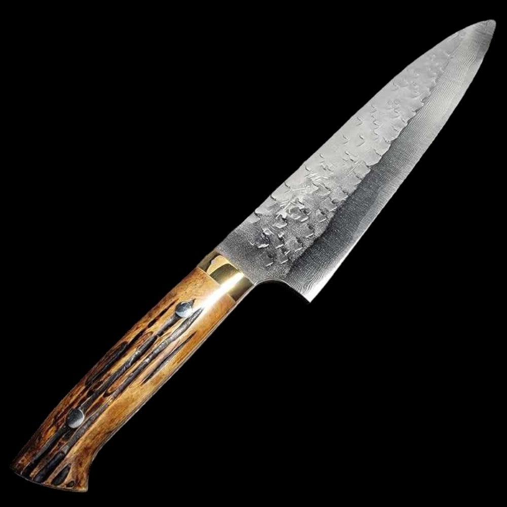Takeshi Saji VG-10 Tsuchime Polished 210mm Gyuto With Western Yellow Horn Handle