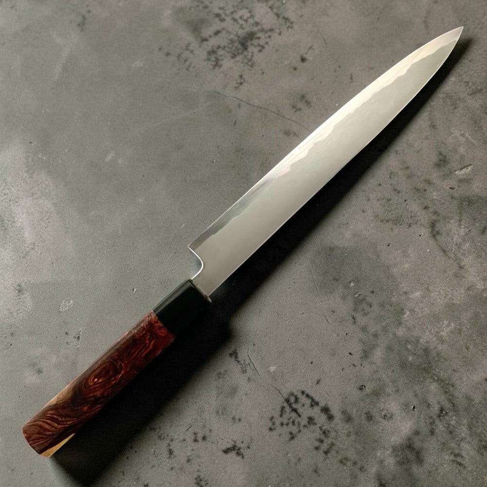Tetsujin Blue #2 Kasumi Custom Sujihiki 240mm with Jobone Cocobolo and Horn Handle