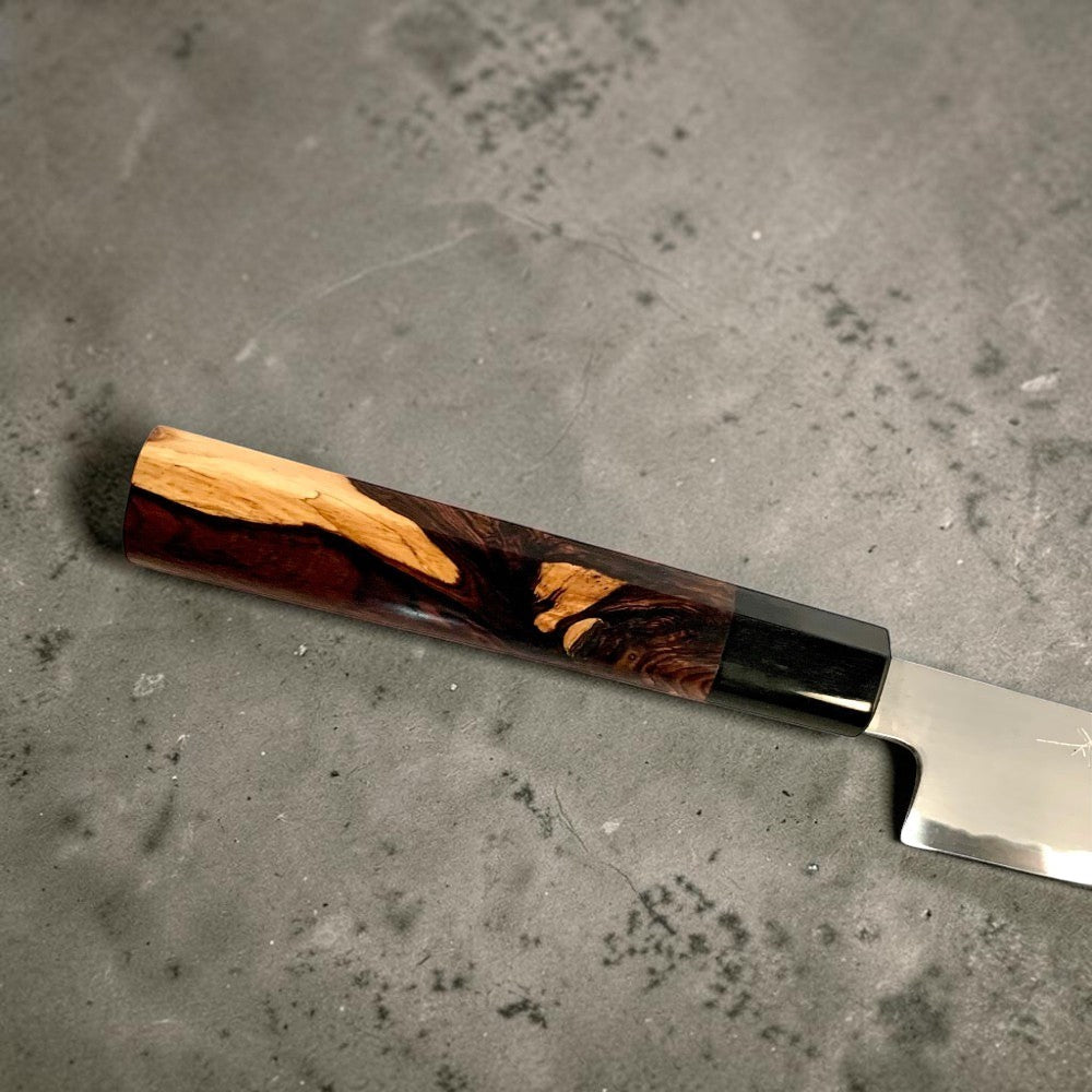 Tetsujin Blue #2 Kasumi Custom Sujihiki 240mm with Jobone Cocobolo and Horn Handle