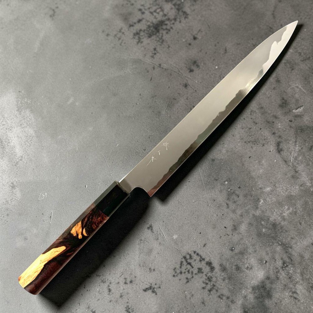 Tetsujin Blue #2 Kasumi Custom Sujihiki 240mm with Jobone Cocobolo and Horn Handle