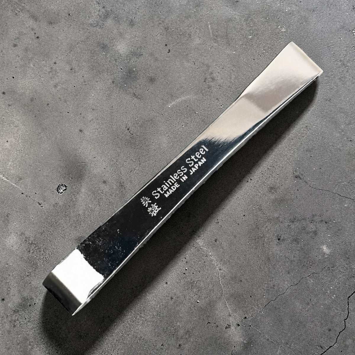 Large stainless steel fish bone tweezers on gray concrete