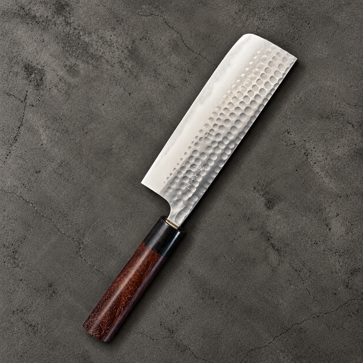 Anryu Aogami #2 Tsuchime Nakiri 165mm with oval rosewood handle, engraved side at an angle