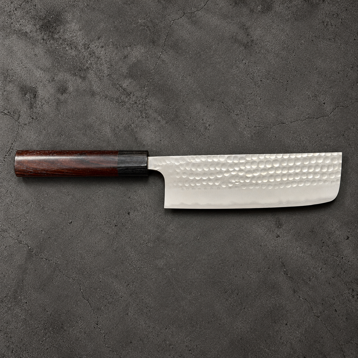 Full reverse-side profile of Anryu Blue #2 Tsuchime Nakiri with oval rosewood handle