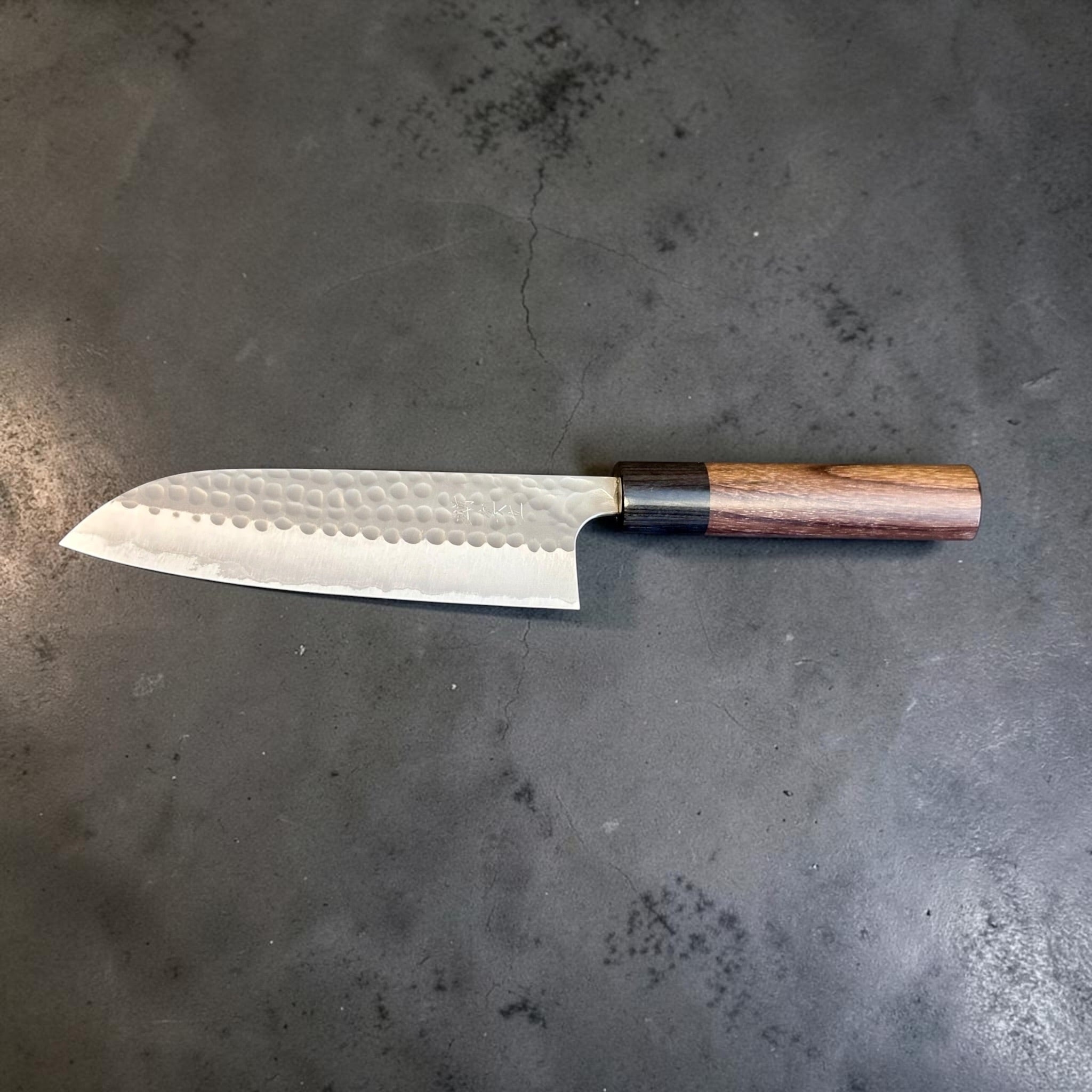 Anryu Aogami #2 Tsuchime Migaki Santoku 165mm with rosewood and black ferrule handle, full profile