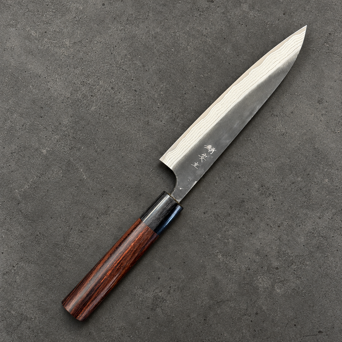 Anryu Shiro Kuro Damascus petty 150mm with round rosewood handle, engraved side at an angle