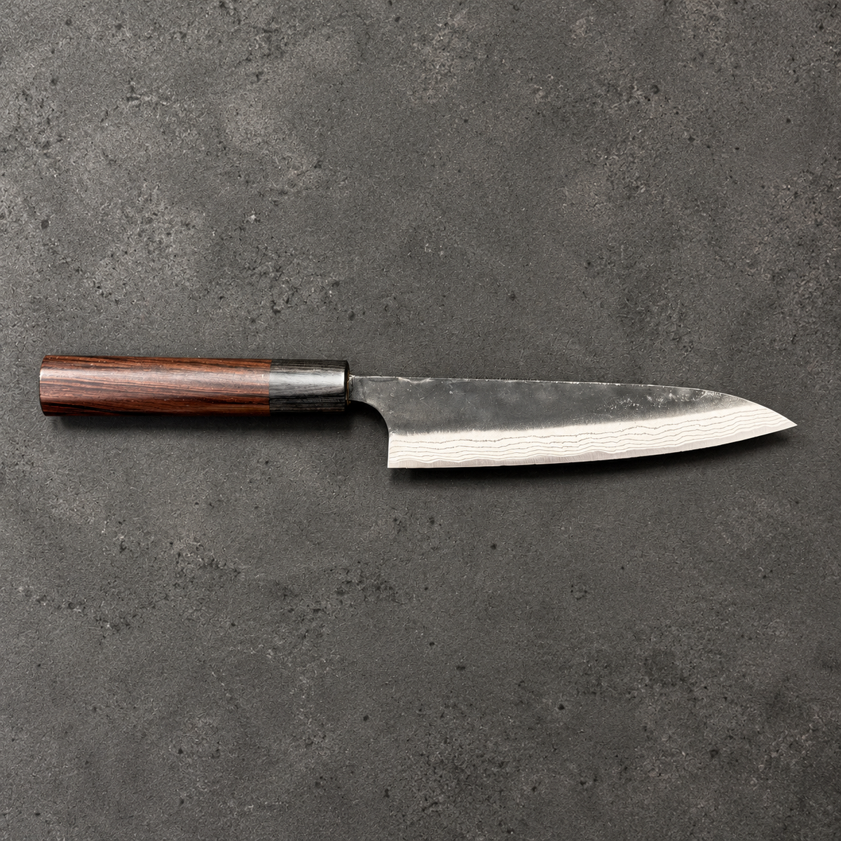 Anryu Shiro Kuro Damascus petty 150mm reverse blade profile and rounded rosewood handle