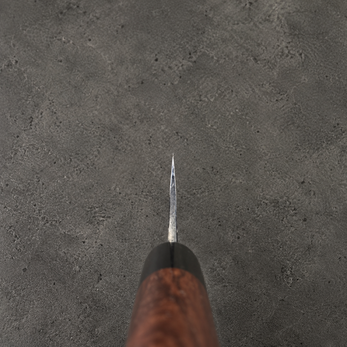 Choil view of Anryu Shiro Kuro Damascus petty 150mm above its rounded rosewood handle