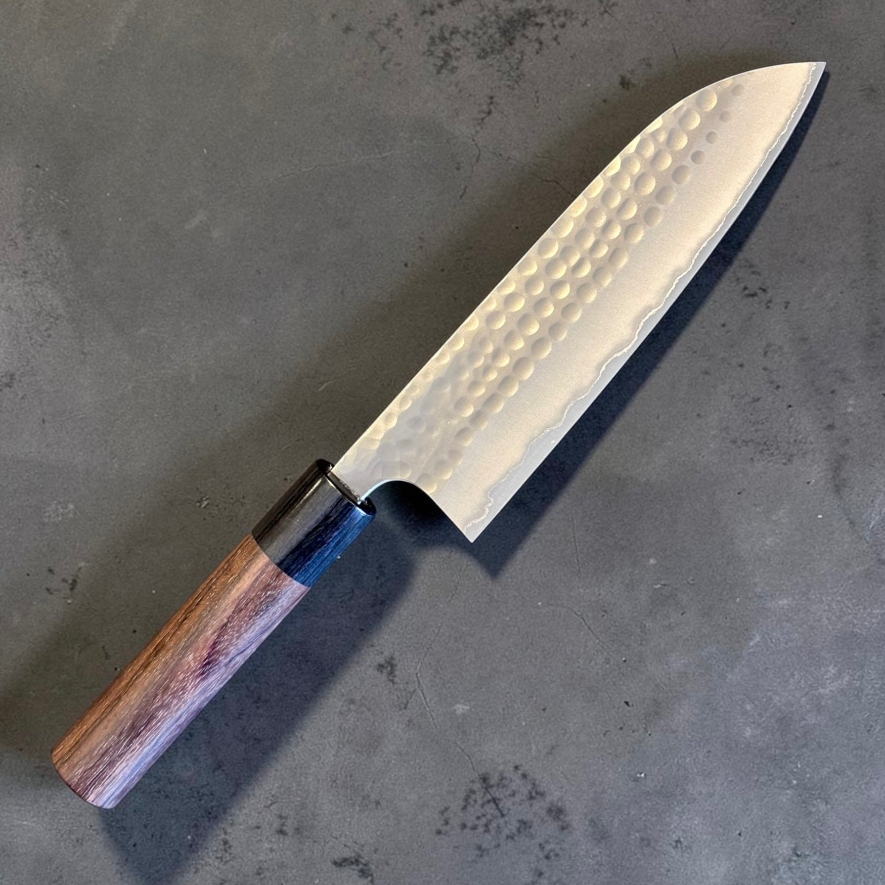 Anryu Tsuchime Migaki Santoku 165mm reverse angle showing hammered finish and rosewood handle