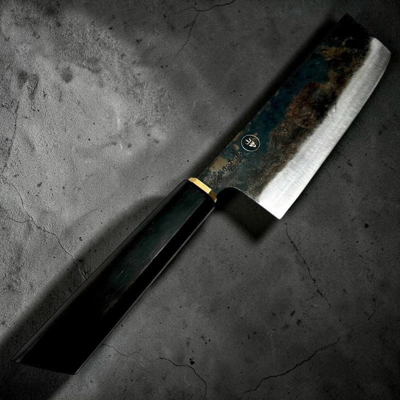 Dao Vua Special Edition Nakiri Carbon Steel Kurouchi Ebony and Brass Wa Handle - Tokushu Knife