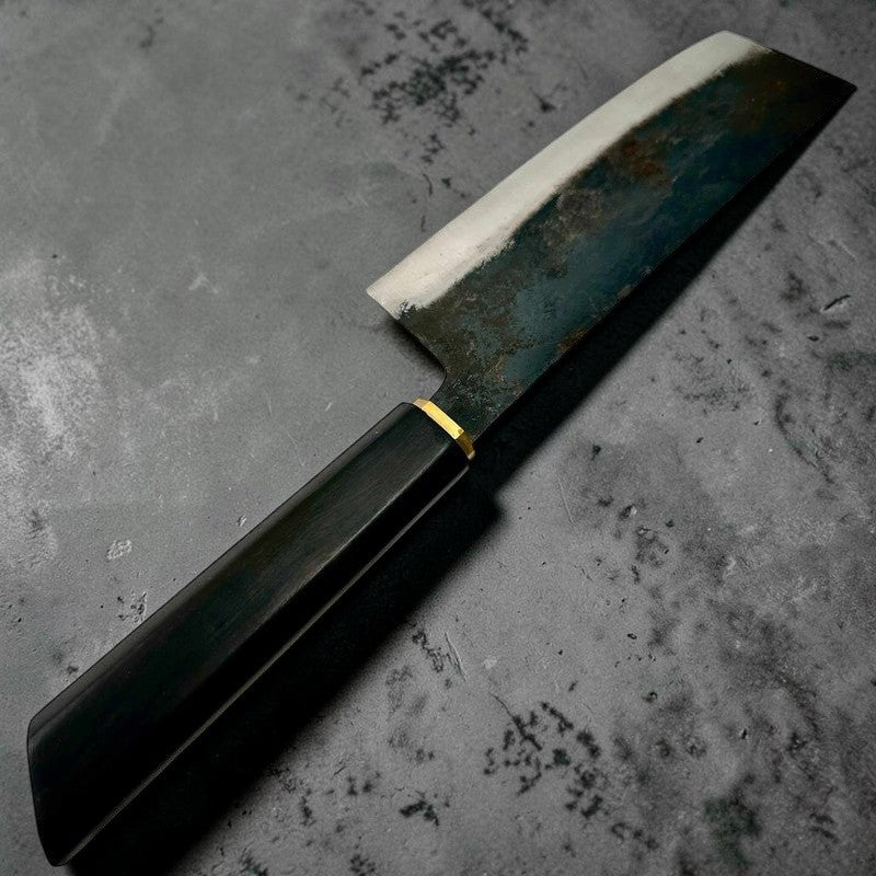 Dao Vua Special Edition Nakiri Carbon Steel Kurouchi Ebony and Brass Wa Handle - Tokushu Knife