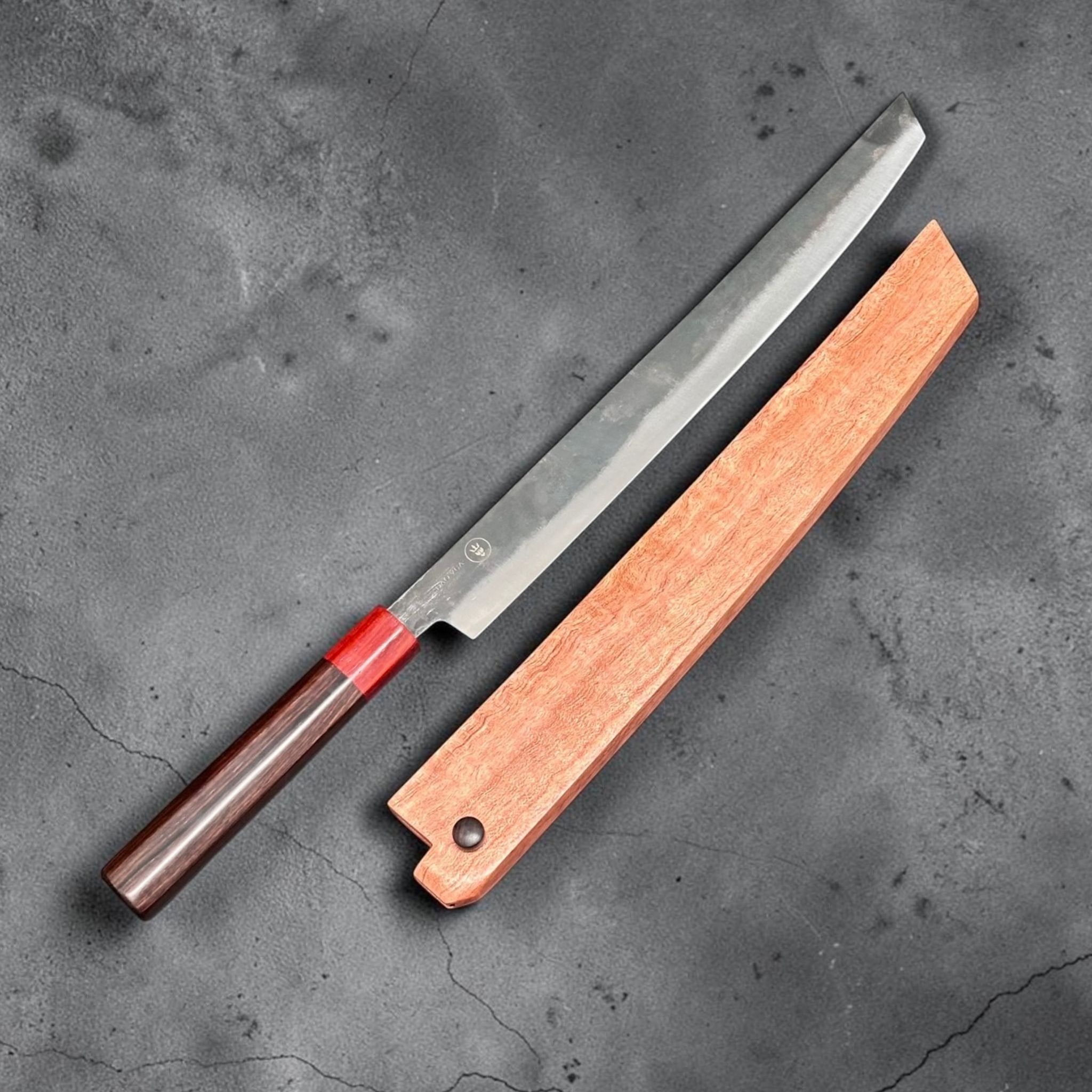 Dao Vua V3 52100 Sujihiki Slicer 350 mm with Hardwood Saya, full set with matching hardwood saya on dark textured background.