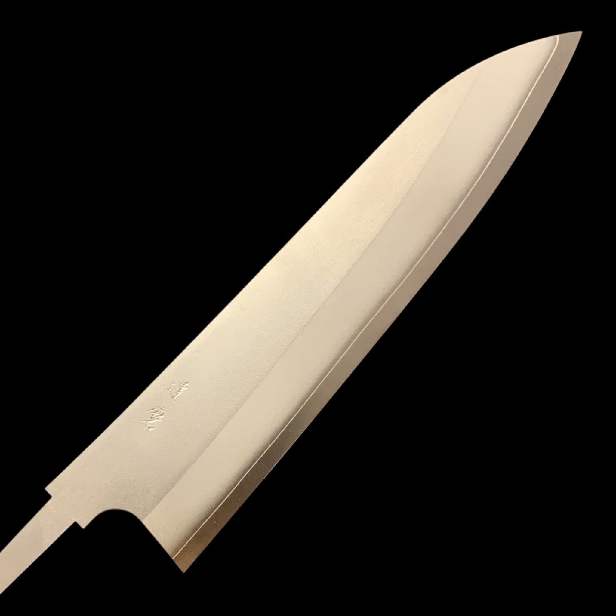 Daruma Hamono Ginsan #3 Gyuto 210 mm, close-up of polished blade tip on black background, no handle.