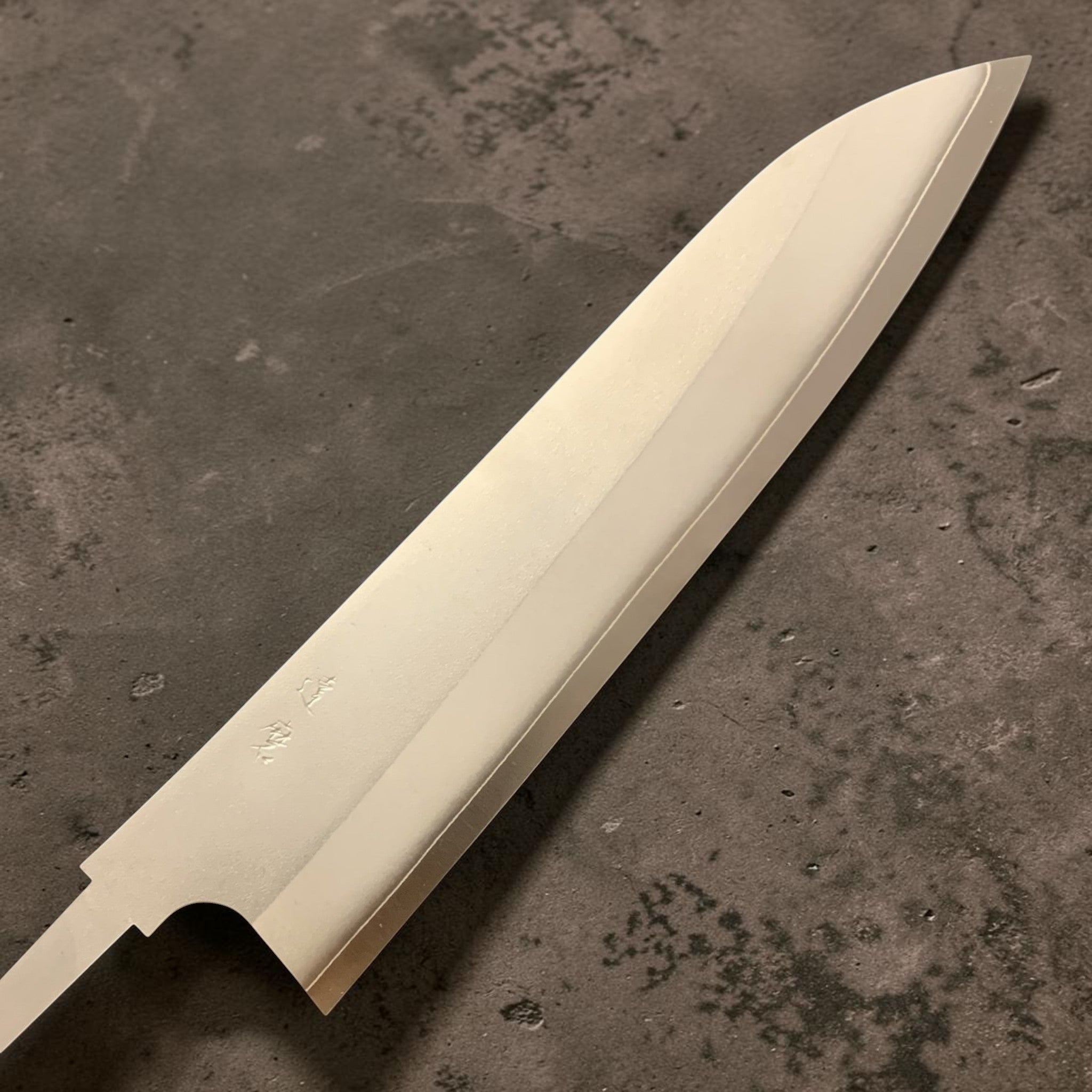 Daruma Hamono Ginsan #3 Gyuto 210 mm, close-up of polished blade tip on black background, no handle.