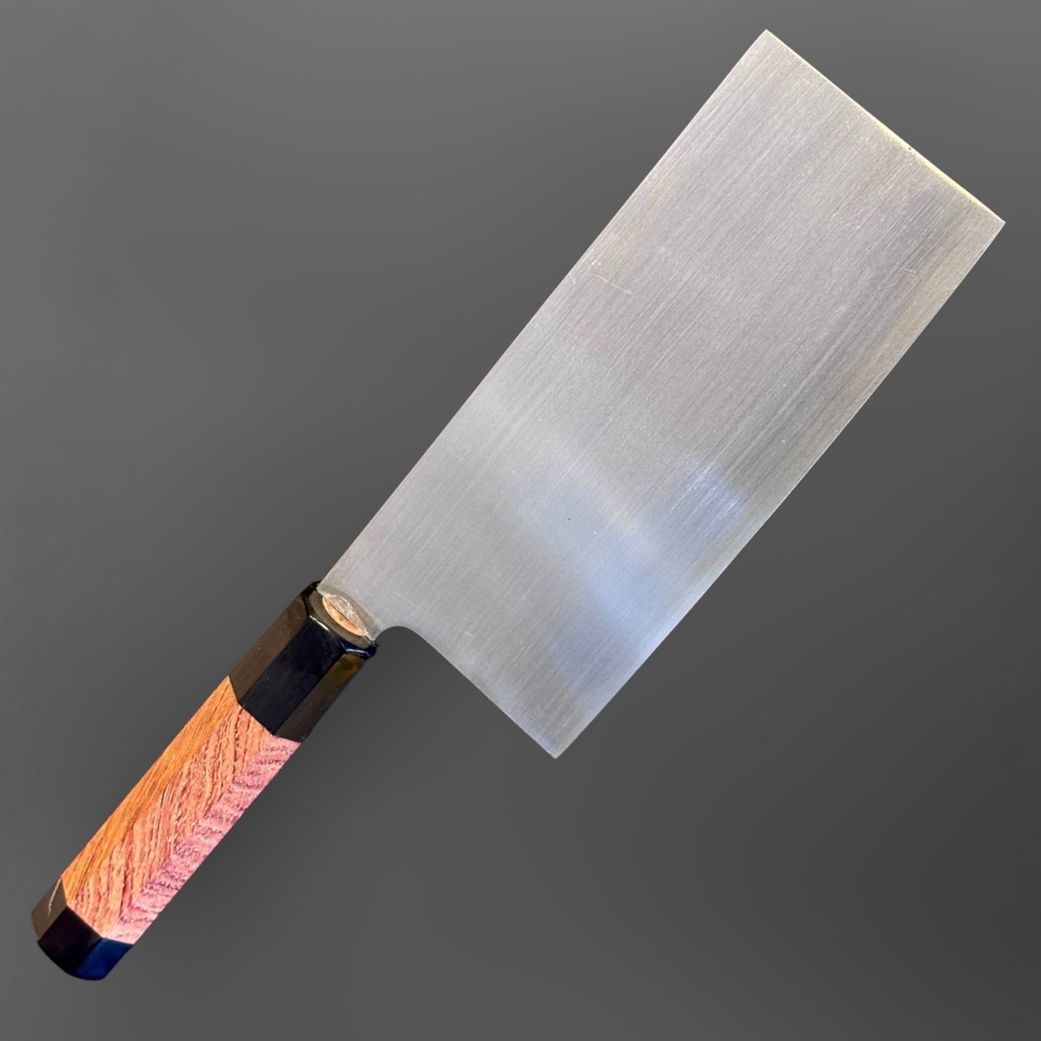 Fook Kee Model #3 stainless steel 180 mm Chinese vegetable cleaver with custom wa handle and buffalo horn accents, angled full-knife view.