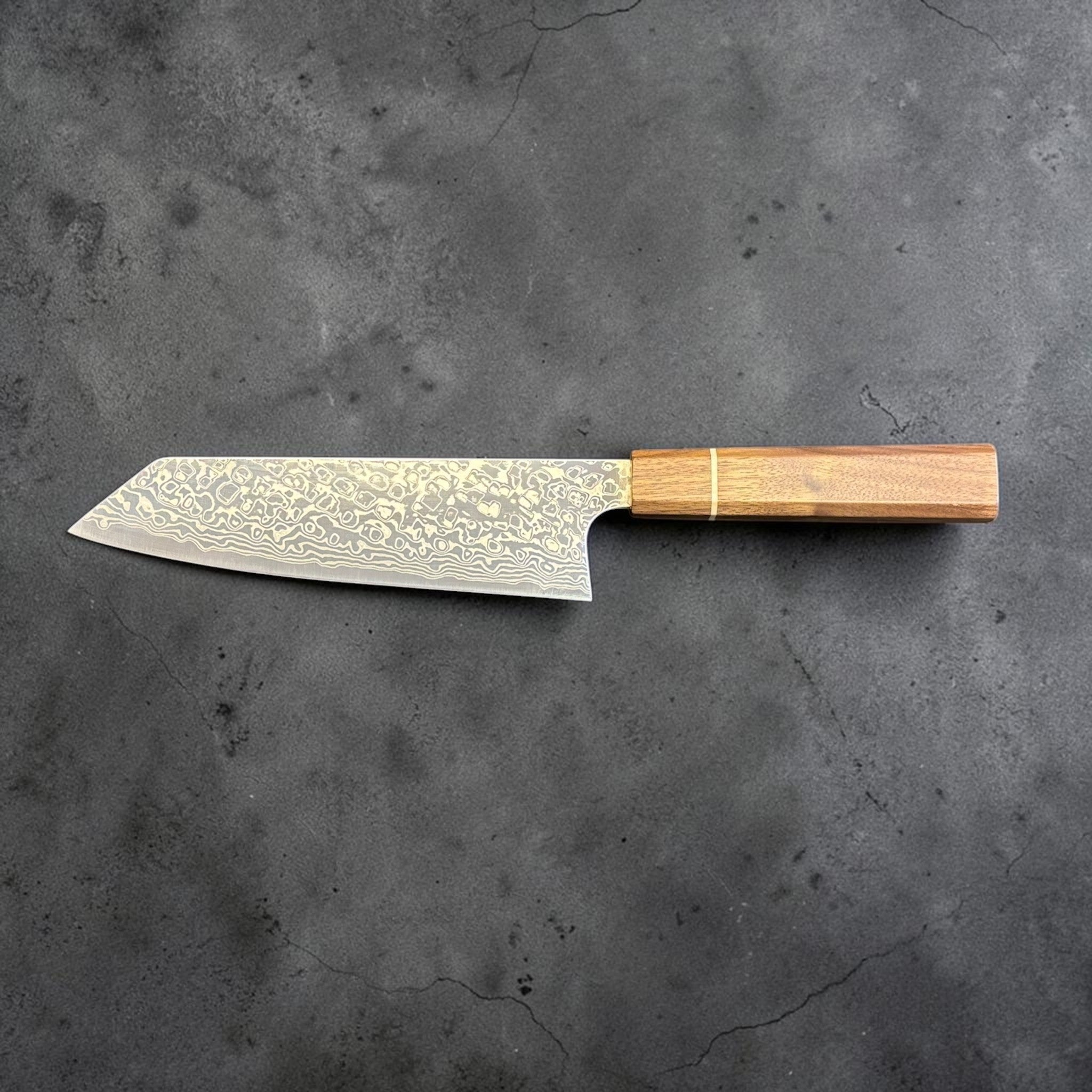 Hatsukokoro Ginga ATS-34 Nickel Damascus Bunka 170 mm with Sanjo walnut handle and maple stripe, full profile reverse view.