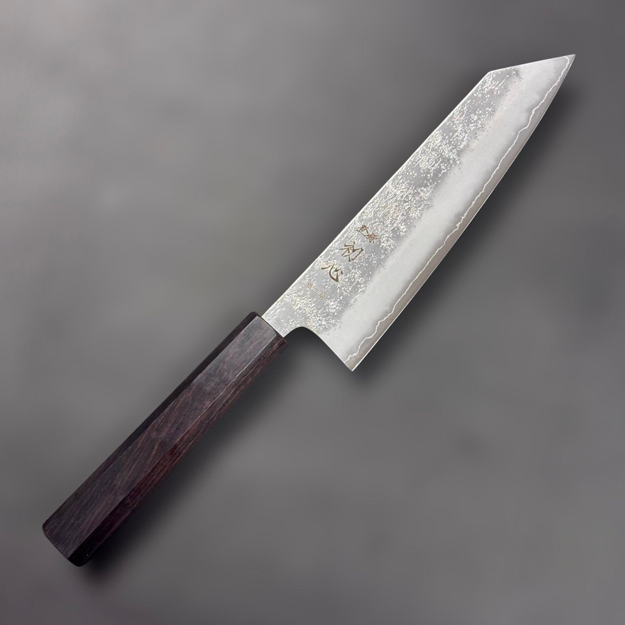 Hatsukokoro Ginrei Silver #3 Bunka 170 mm, hero angle showing satin blade finish and mono ebony handle.