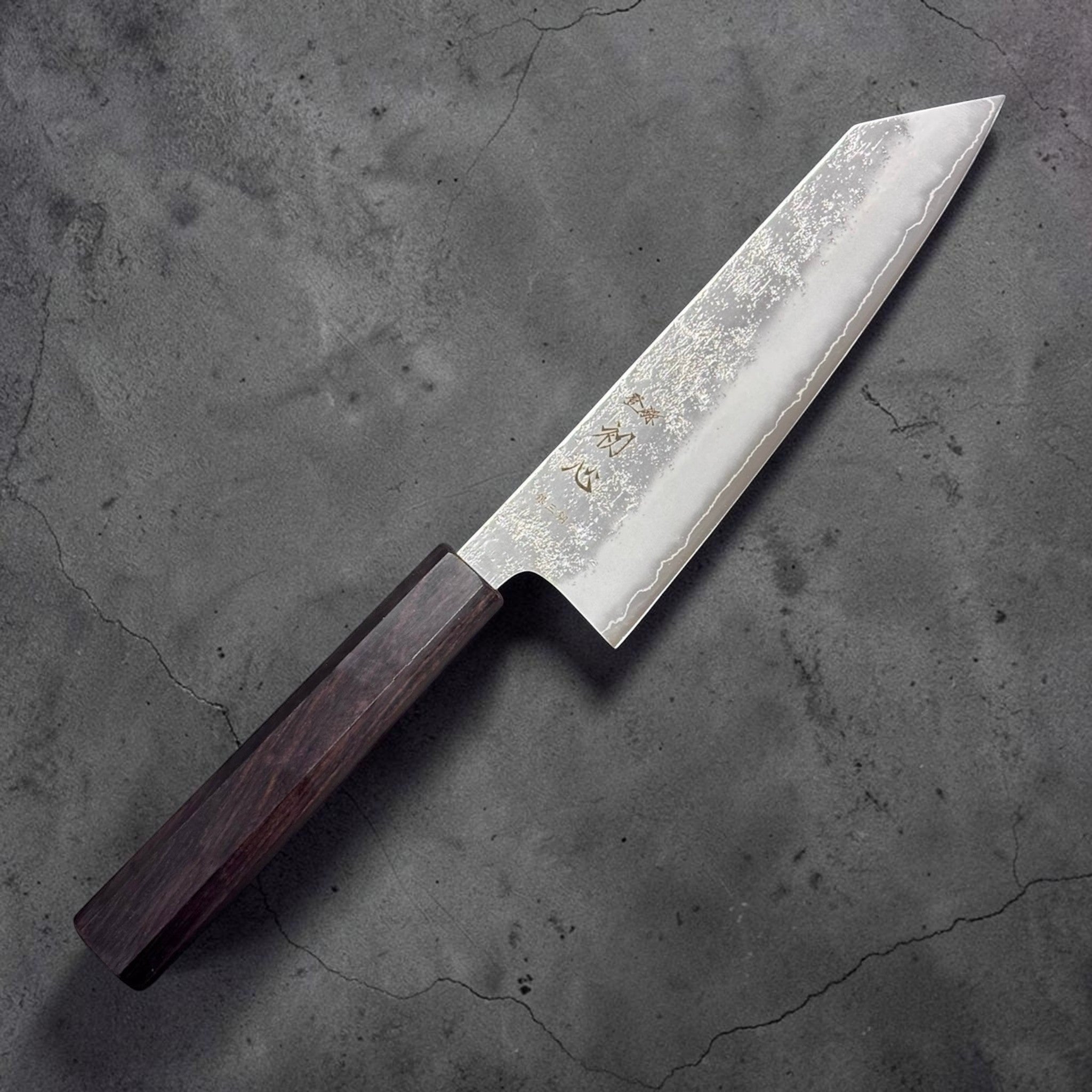 Hatsukokoro Ginrei Silver #3 Bunka 170 mm, hero angle showing satin blade finish and mono ebony handle.