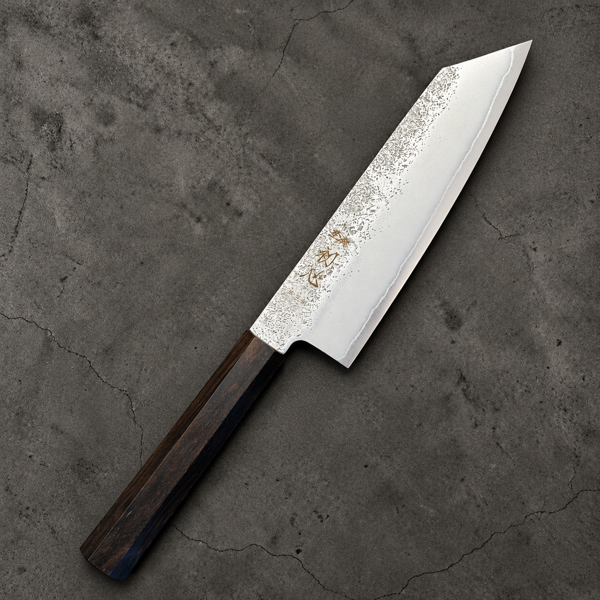 Hatsukokoro Ginrei Ginsan Ko Bunka 150mm with mono ebony handle, angled engraved-side view