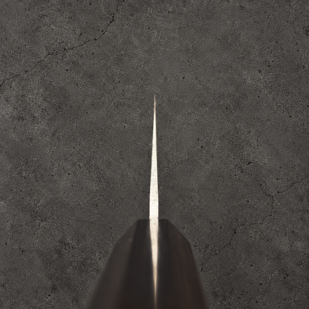 Choil view of Hatsukokoro Ginrei Ko Bunka 150mm showing the blade grind above its ebony handle
