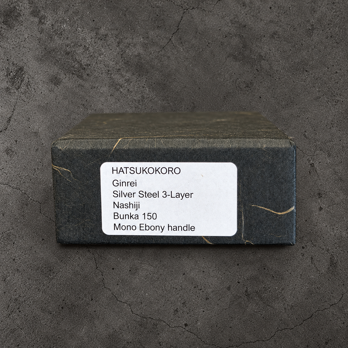 Hatsukokoro Ginrei box label identifying Silver Steel 3-Layer Nashiji Bunka 150 and mono ebony handle