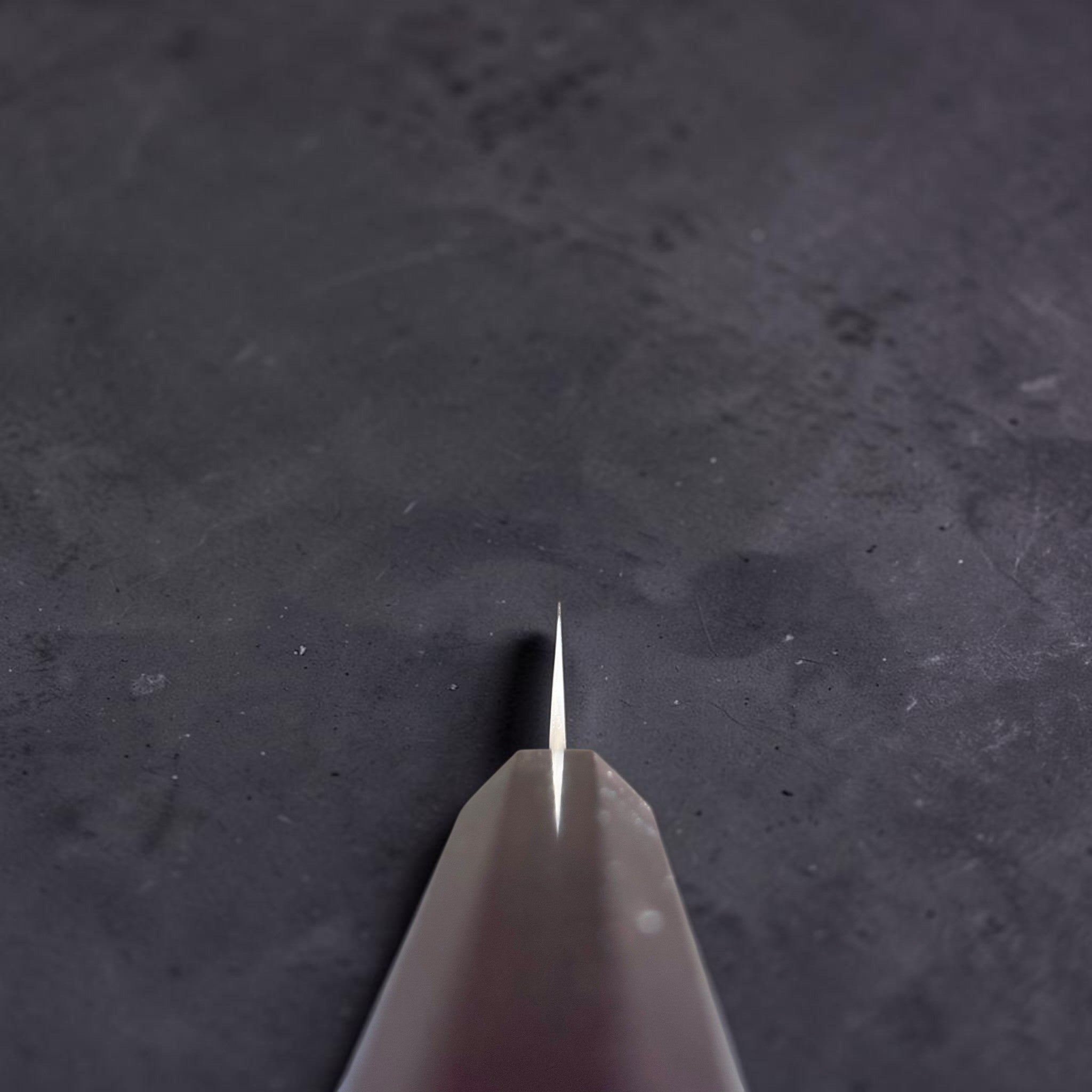 Hatsukokoro Ginrei Silver #3 Kiritsuke Petty 125 mm, choil view showing thin blade geometry.
