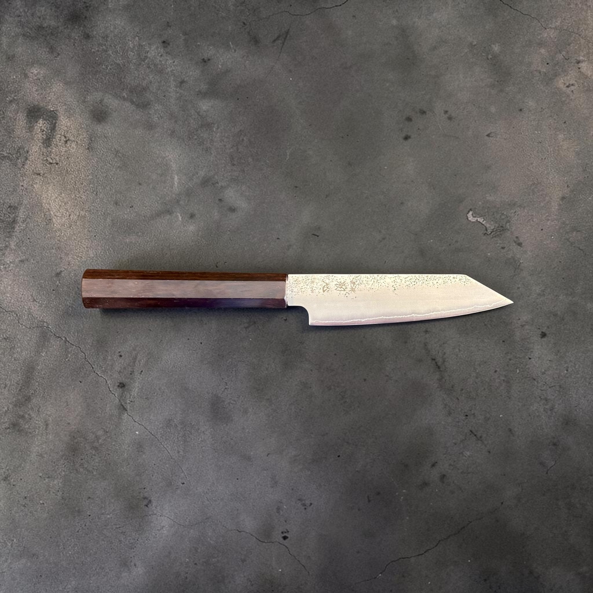 Hatsukokoro Ginrei Silver #3 Kiritsuke Petty 125 mm with mono ebony handle, full right-facing profile view.