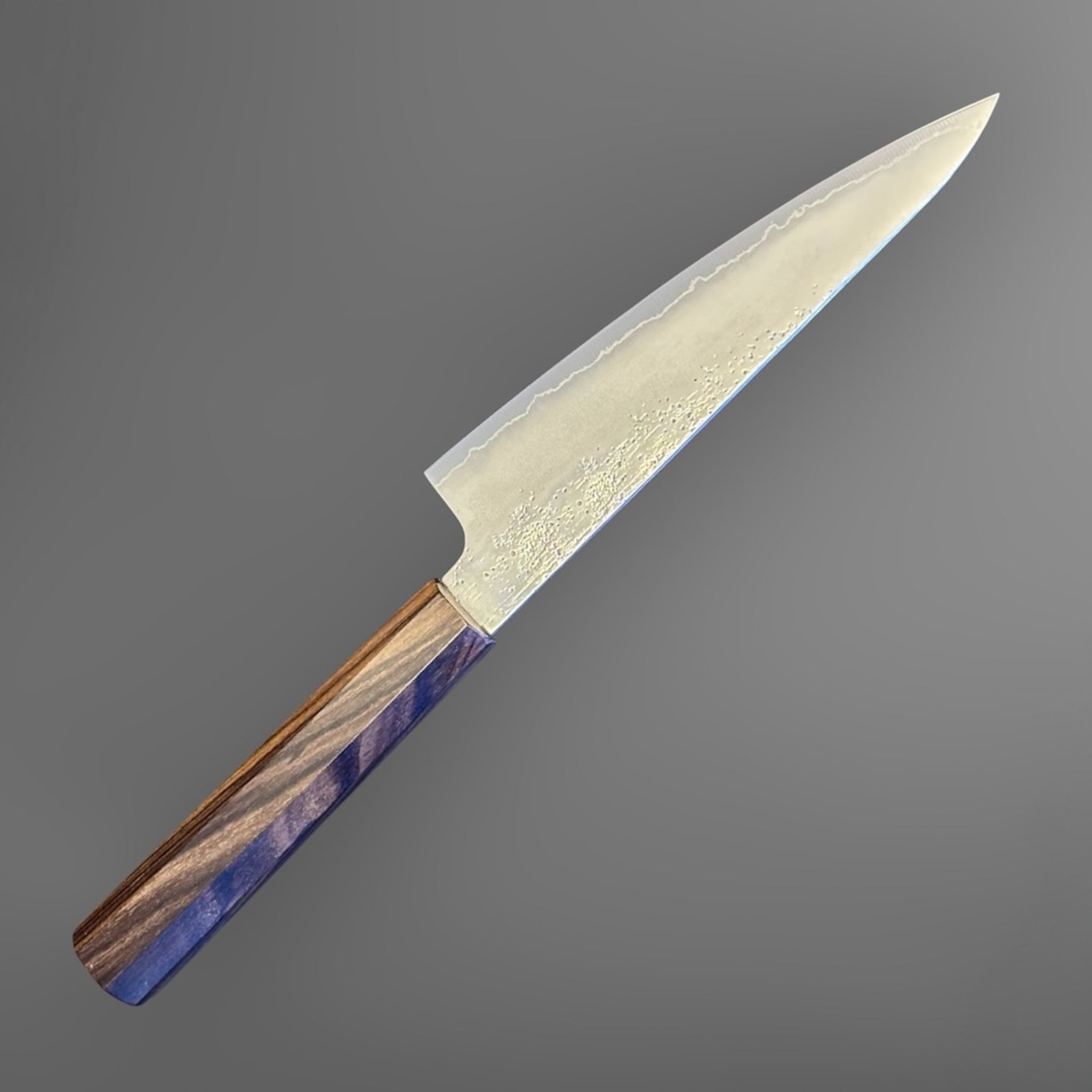 Hatsukokoro Ginrei Silver #3 Ko Santoku 150 mm with mono ebony handle, alternate angled blade and handle view.