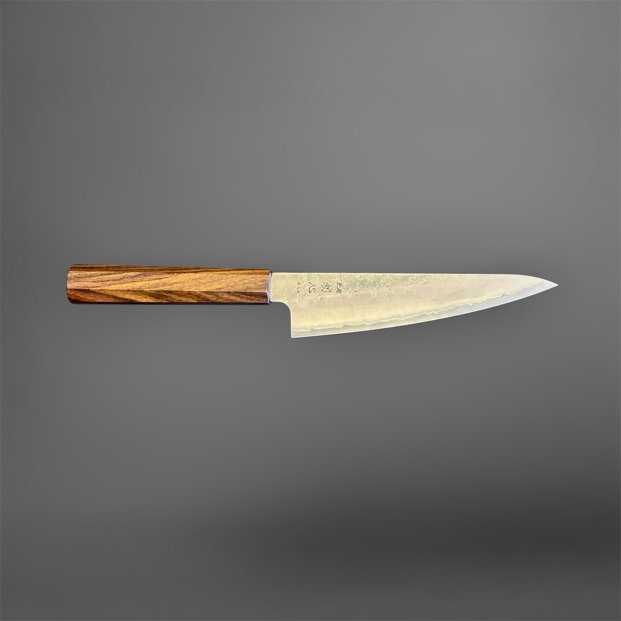 Hatsukokoro Ginrei Silver #3 Ko Santoku 150 mm with mono ebony handle, full side profile showing blade shape.