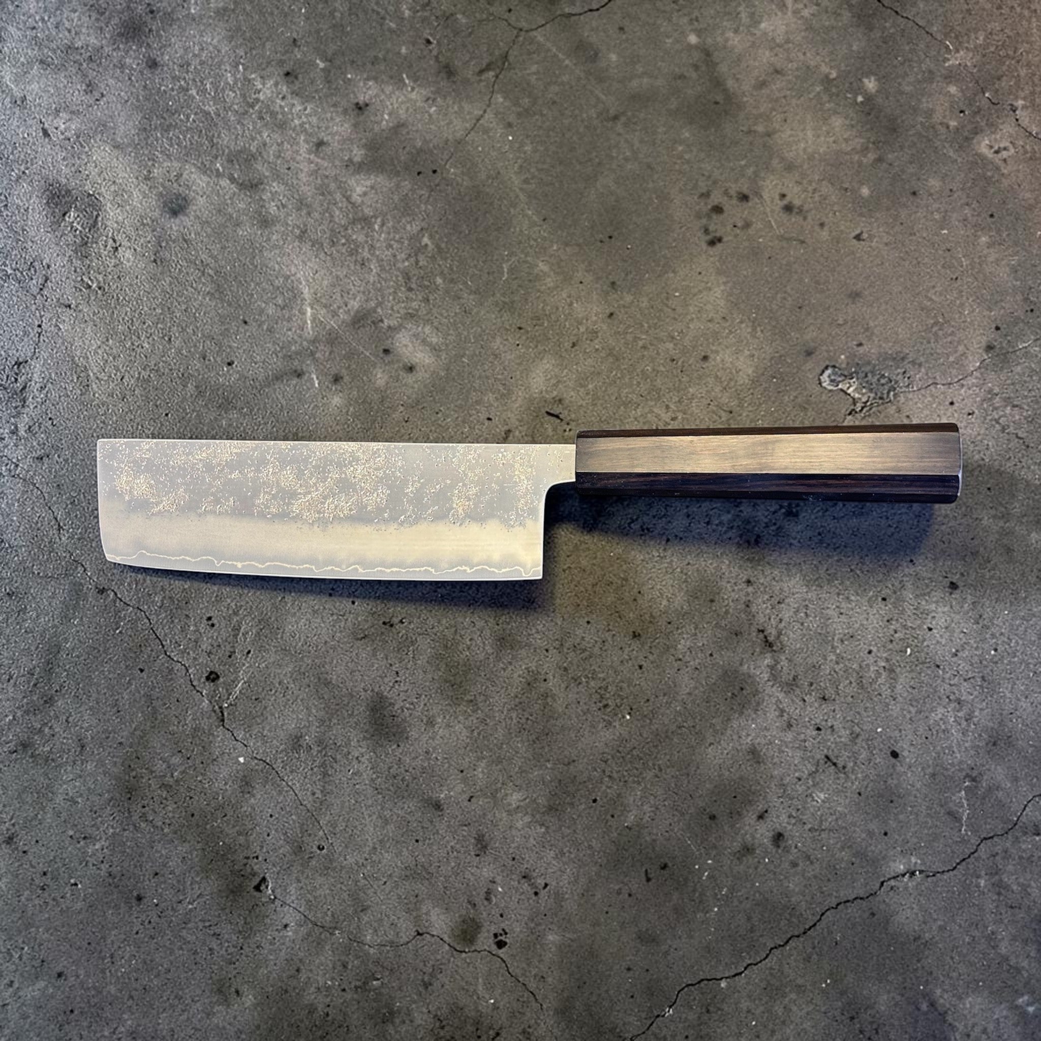 Hatsukokoro Ginrei Silver #3 Nakiri with mono ebony handle, full side profile showing rectangular nakiri blade shape.