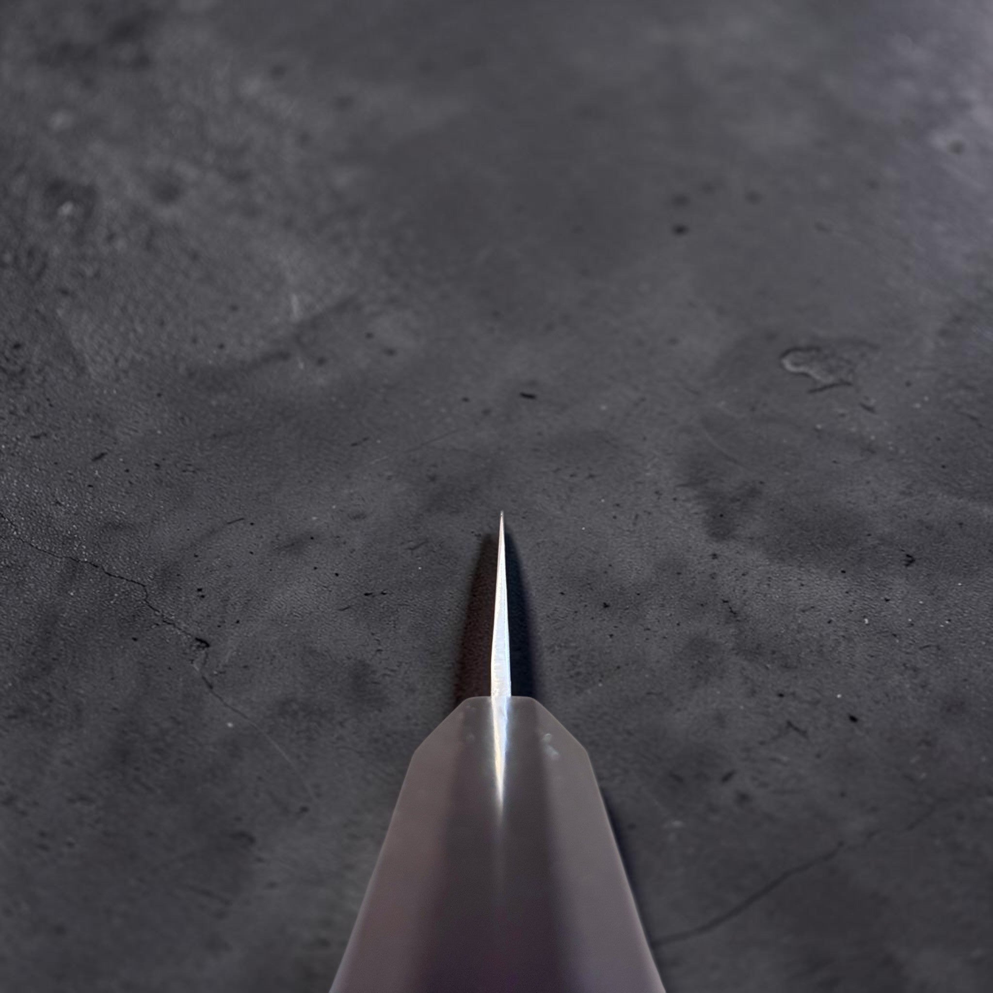 Hatsukokoro Ginrei Silver #3 Petty 130 mm with mono ebony handle, choil view showing thin blade geometry.