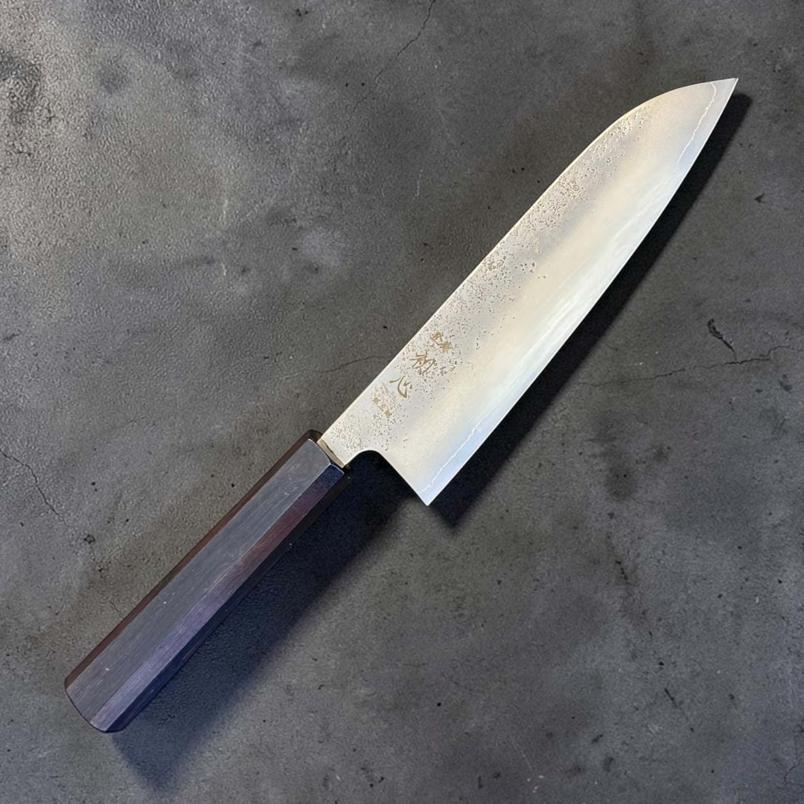 Hatsukokoro Ginrei Silver #3 Santoku 170mm with mono ebony handle, front angle