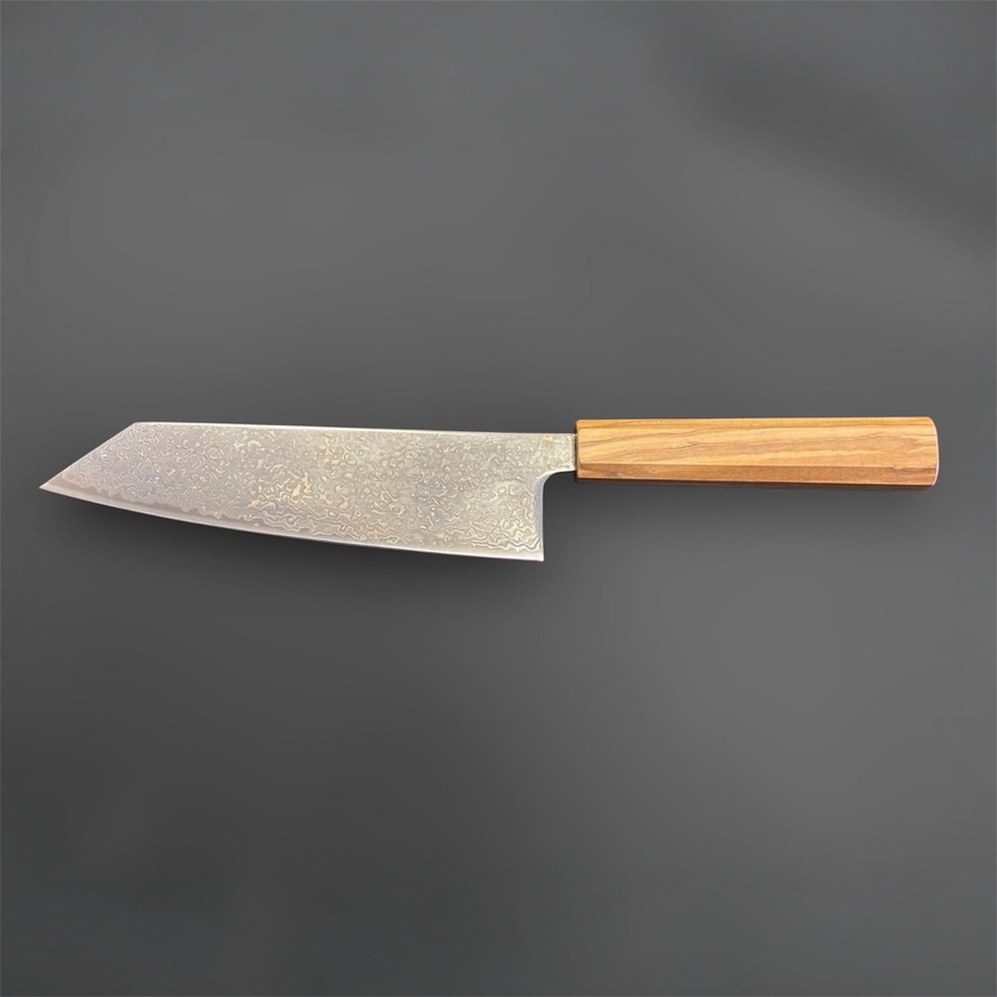 Hatsukokoro Hikari SLD Damascus Kurozome Bunka 170 mm with olive wood handle, full profile view with blade facing left.