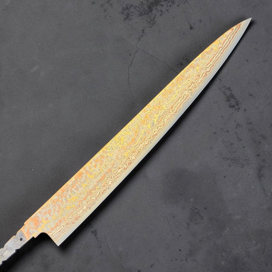 Hatsukokoro Hinotori V-Toku2 Rainbow Damascus Sujihiki 270mm blade only, front side showing the long slicing profile and rainbow Damascus.