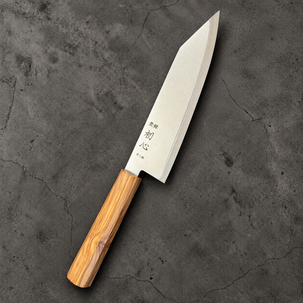 Hatsukokoro Kaijin Blue #2 bunka 180mm with mono olivewood handle, engraved side angled hero