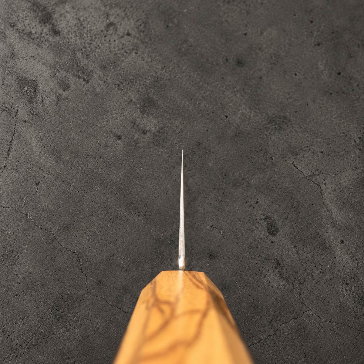 Hatsukokoro Kaijin bunka 180mm, choil view showing blade geometry and olivewood handle