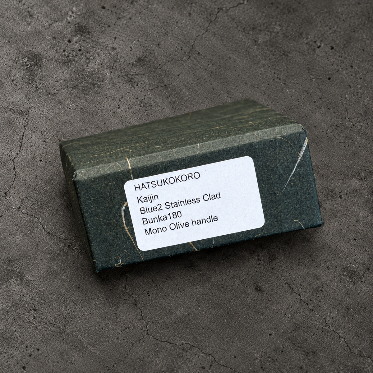 Hatsukokoro Kaijin Blue #2 stainless clad bunka 180mm, original mono olive handle box label