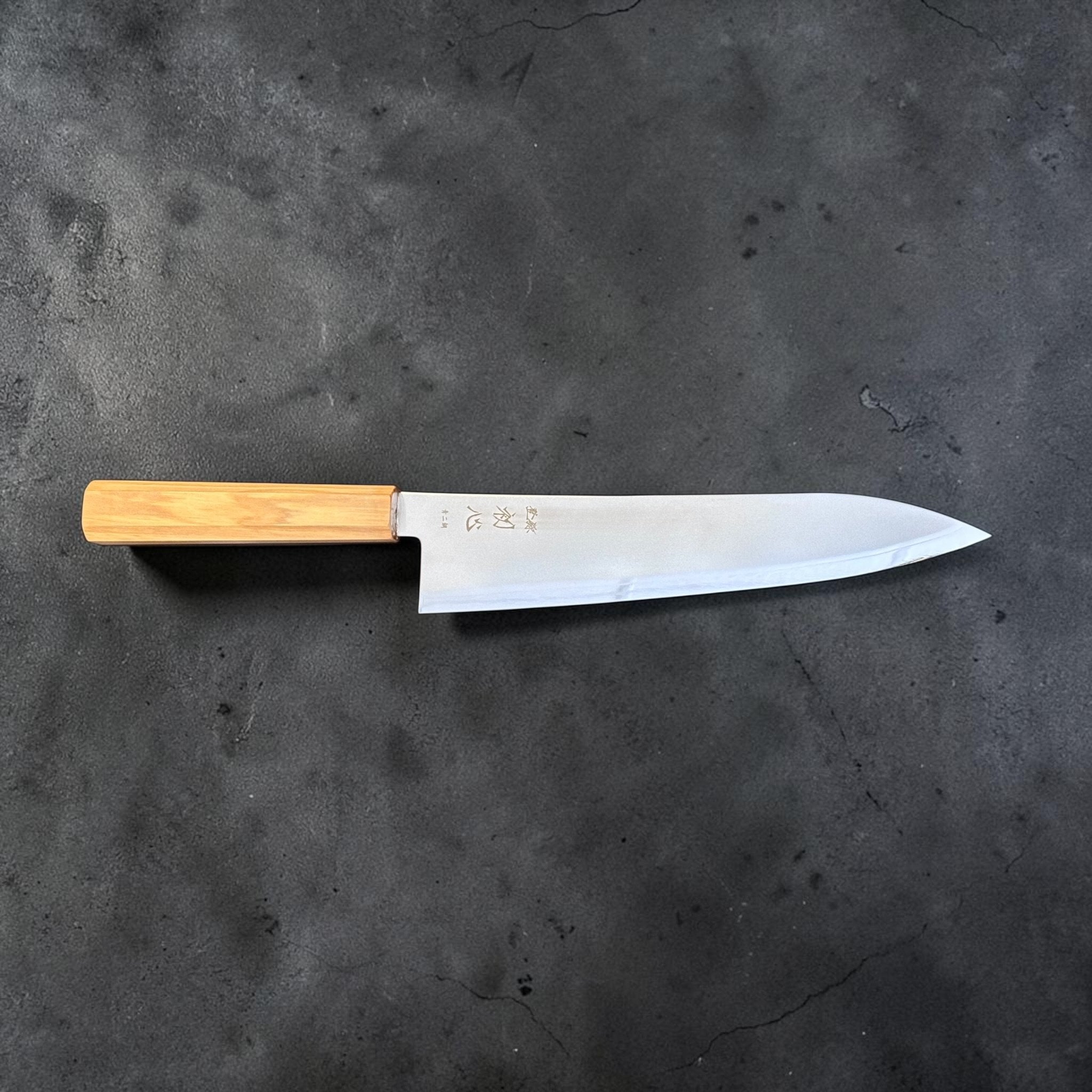 Hatsukokoro Kaijin Blue #2 Gyuto 210 mm with mono olive wood handle, right-facing profile view with blade kanji visible.