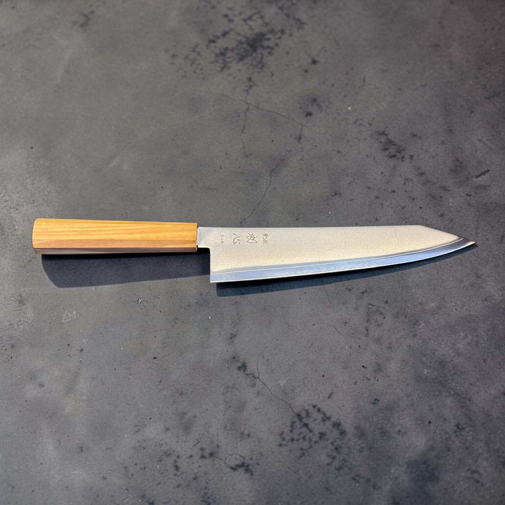 Hatsukokoro Kaijin Blue #2 Kiritsuke Gyuto 210mm with mono olivewood wa handle, full profile with kanji visible.