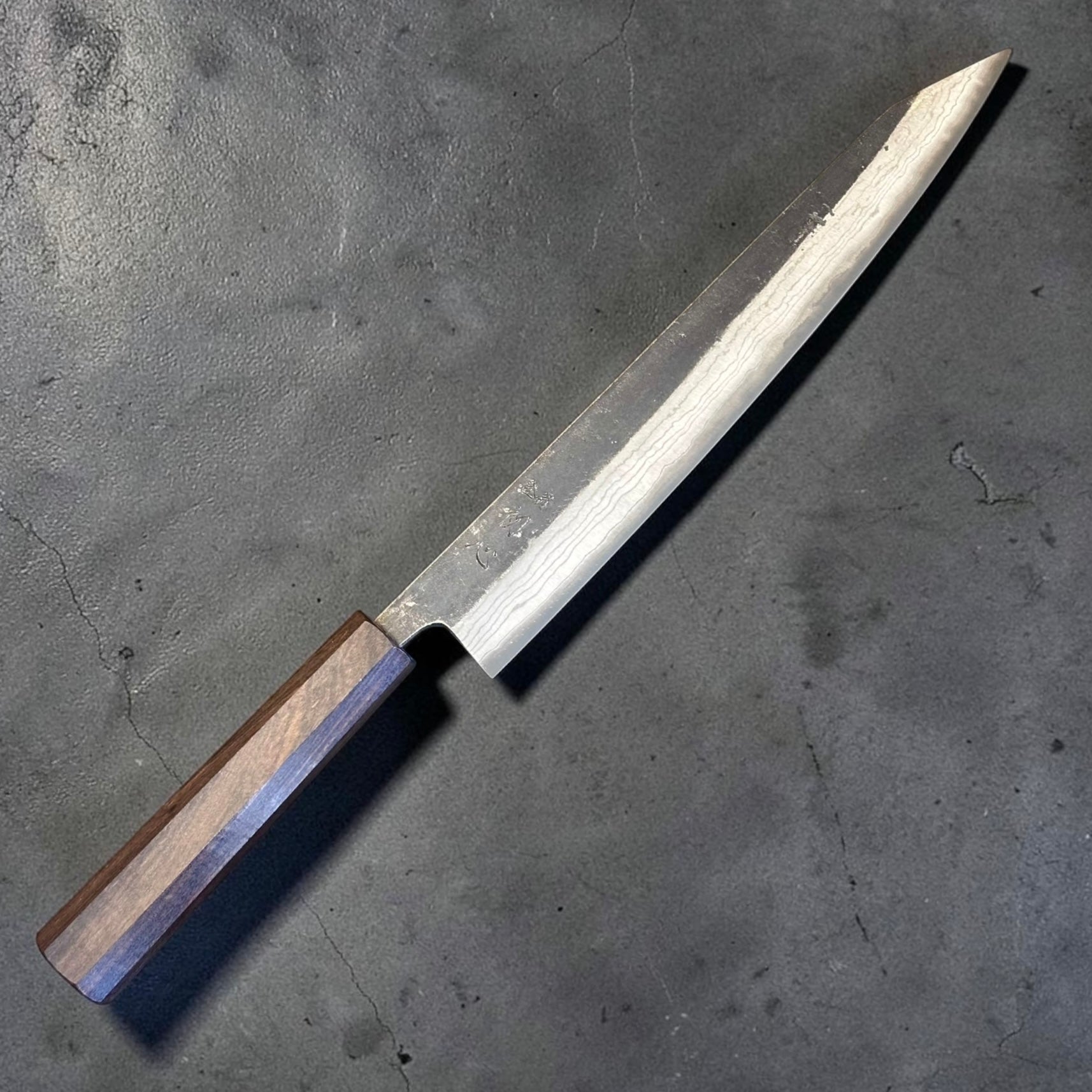 Hatsukokoro Kumokage Blue #2 Kurouchi Damascus 255mm Sujihiki with mono ebony handle