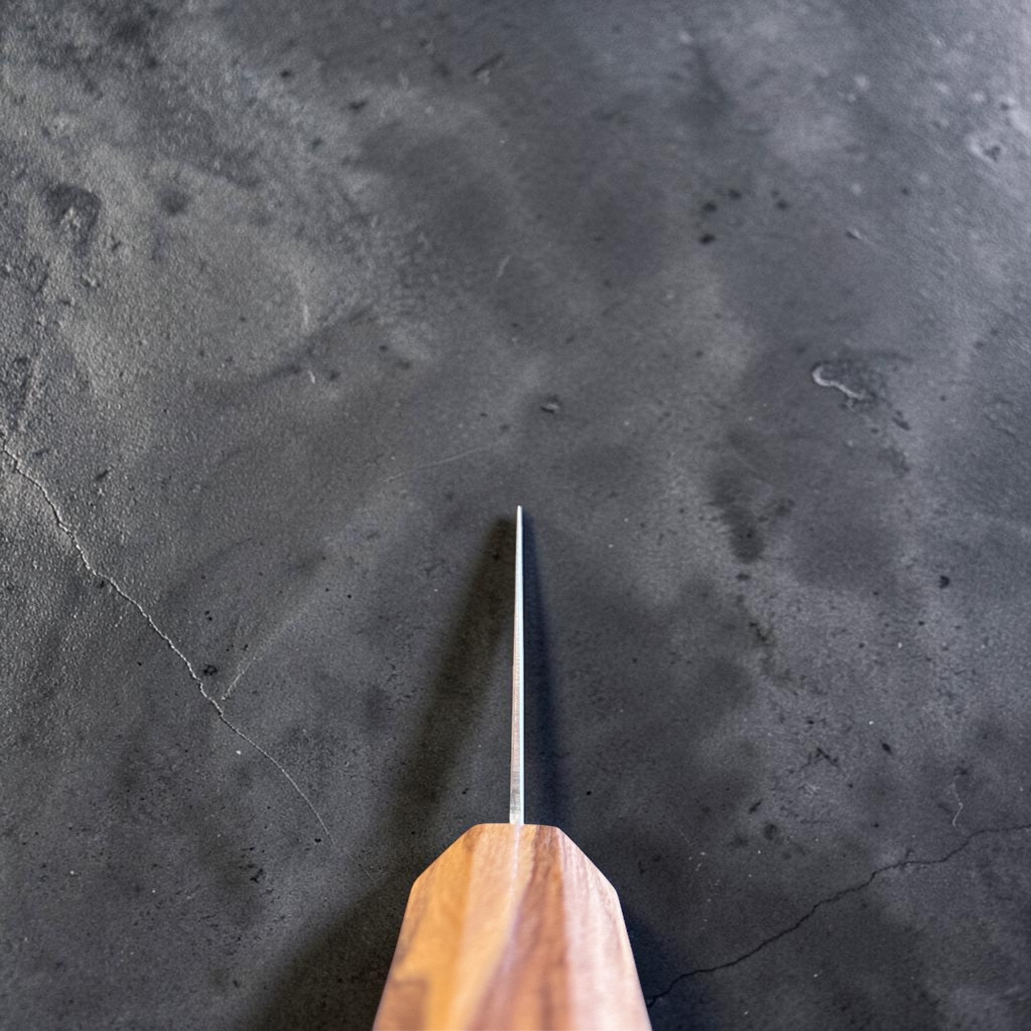 Hatsukokoro Ryuhyo SG2 Damascus Migaki Kiritsuke 240 mm, spine view from the olive wood handle showing the blade's thin geometry and precise alignment.
