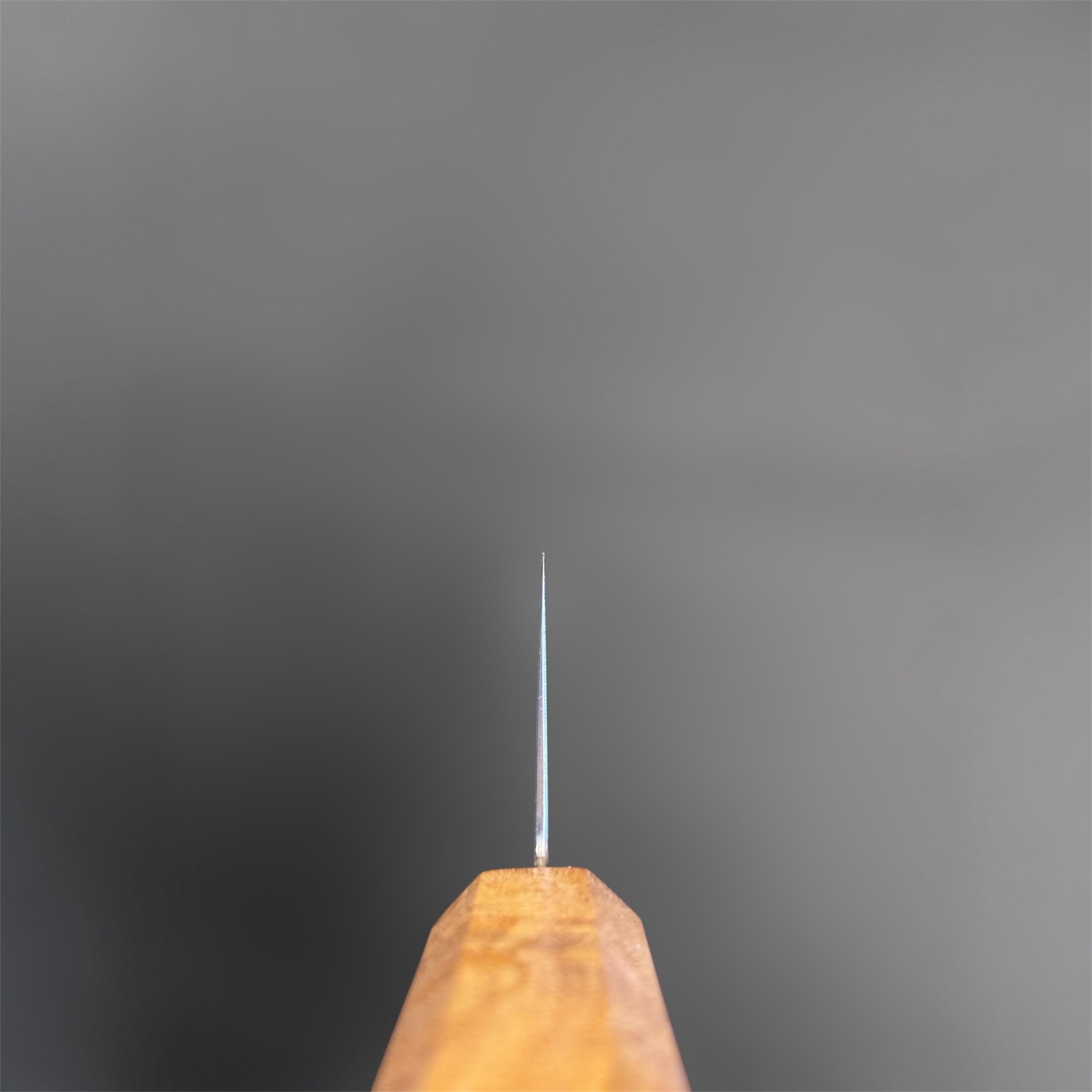 Hatsukokoro Saihyo SG2 Damascus Kiritsuke 210 mm with mono olive handle, choil shot showing grind.