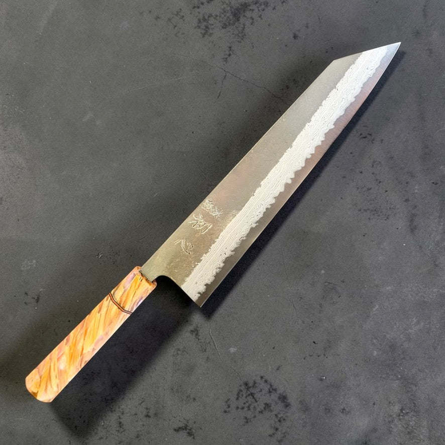 Hatsukokoro Shinkiro 240mm kiritsuke gyuto with orange-gold Prisma Handle 01, kanji side