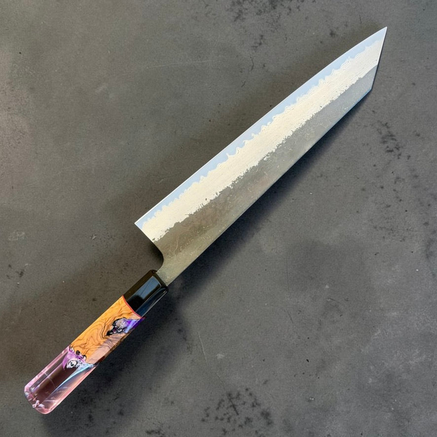 Exact Hatsukokoro Shinkiro 240mm kiritsuke gyuto with wood and purple-pink Prisma Handle 02
