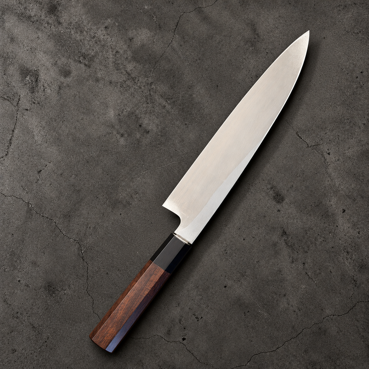 Hatsukokoro Shirasagi 210mm gyuto, plain reverse side and octagonal walnut handle