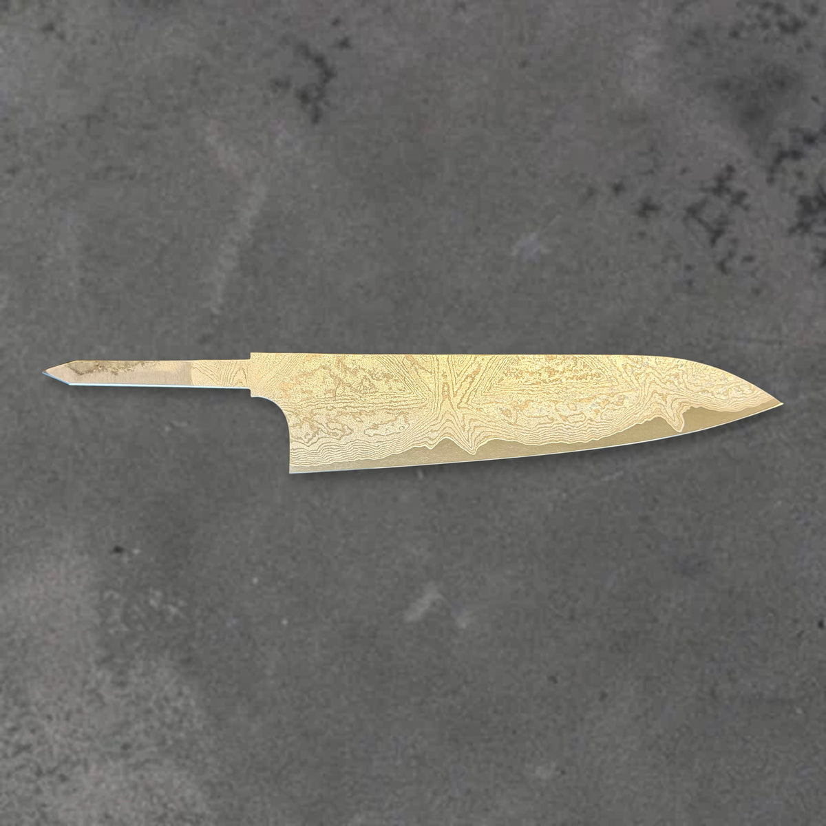 Hatsukokoro VG XEOS Damascus 210mm gyuto blade without a handle, shown in horizontal front profile with the full blade and tang visible.