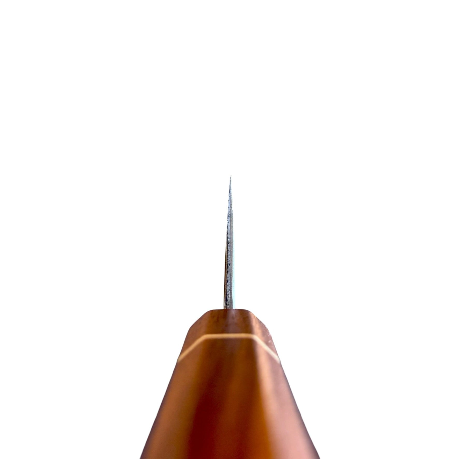 Choil view of the Imai Stainless Clad Aogami Super Kurouchi Bunka 183 mm showing the thin grind, distal taper, and Sanjo walnut and maple stripe handle.