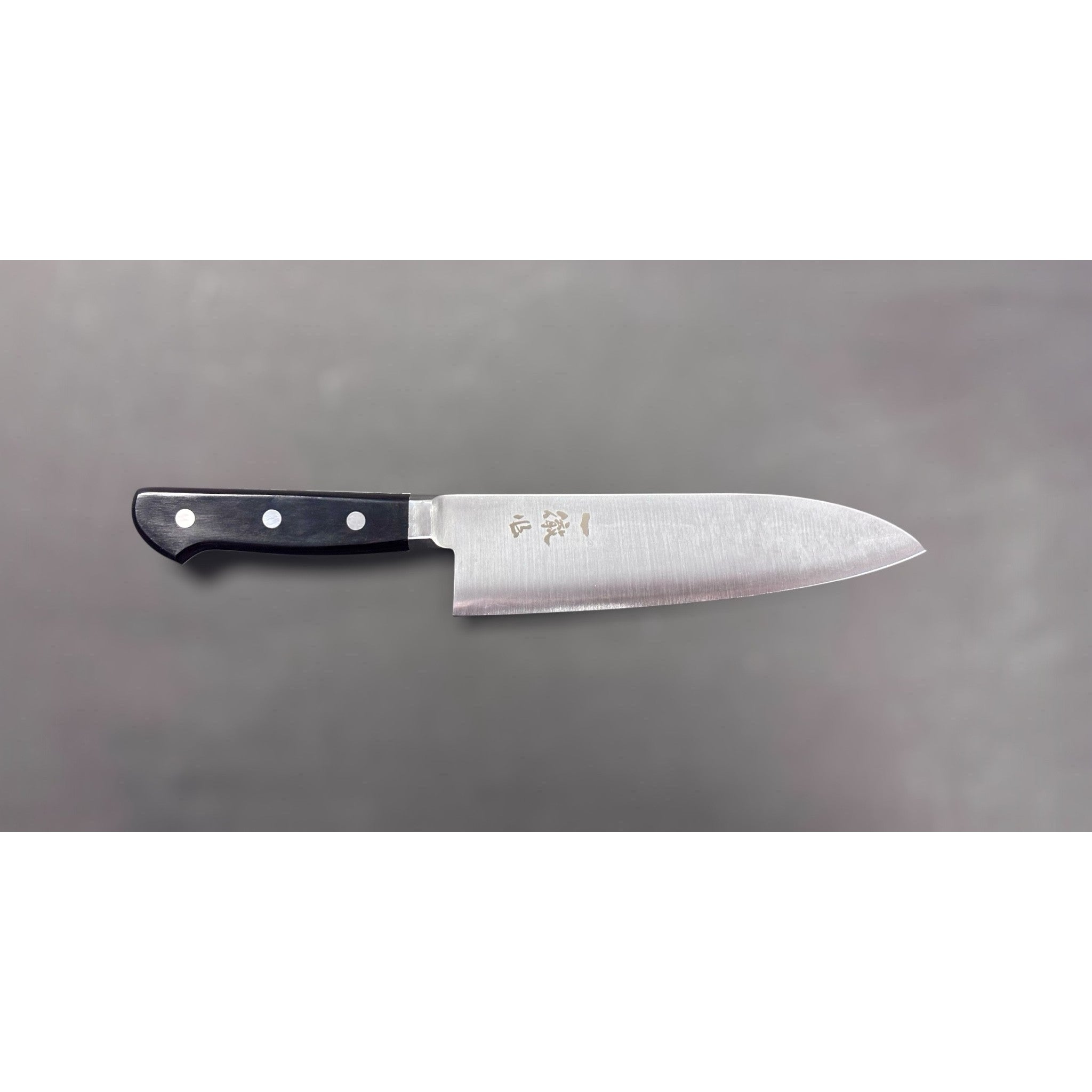 Ittetsu Aogami Super Santoku 180 mm, right-side profile on neutral grey background (stainless-clad, Western handle).