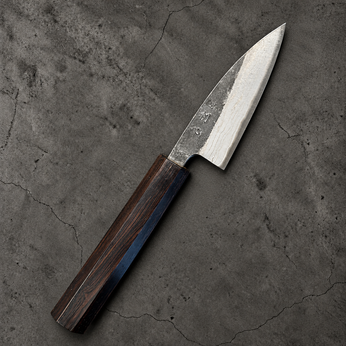 Hatsukokoro Kumokage Blue #2 Petty 80mm with octagonal mono ebony handle, engraved side