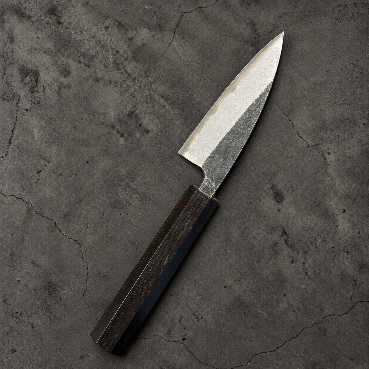 Hatsukokoro Kumokage Blue #2 Petty 80mm with mono ebony handle, reverse side and Damascus cladding